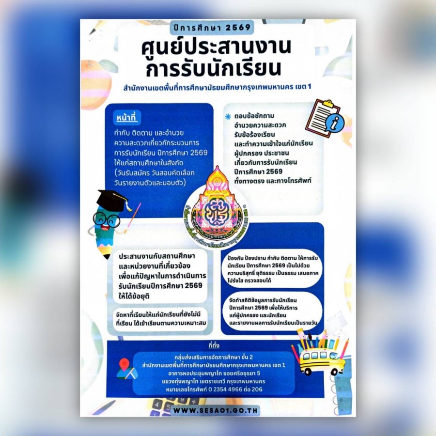 การจัดตั้งศูนย์ประสานงานการรับนักเรียน สำนักงานเขตพื้นที่การศึกษามัธยมศึกษากรุงเทพมหานคร เขต ๑ ปีการศึกษา ๒๕๖๙